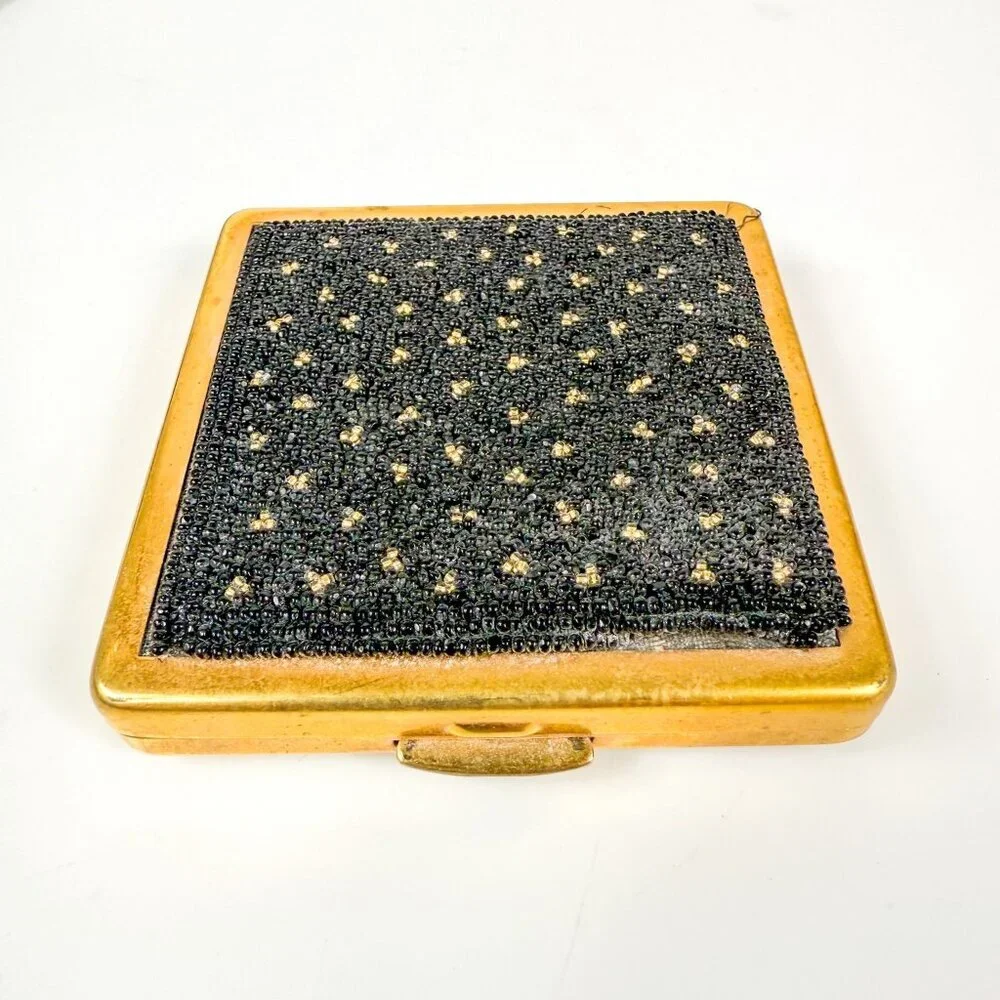 Elgin American Gold Tone Square Powder Compact Case Black Seed Beaded